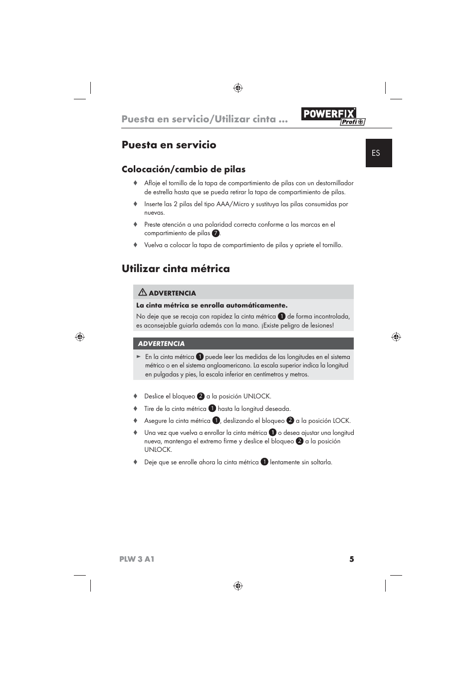 Puesta en servicio, Utilizar cinta métrica, Puesta en servicio/utilizar cinta | Colocación/cambio de pilas | Powerfix PLW 3 A1 User Manual | Page 7 / 42