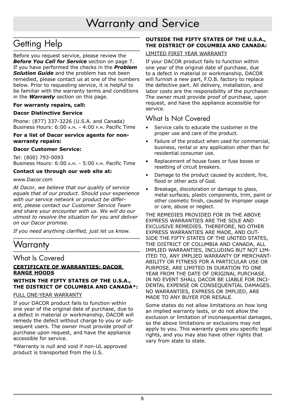 Warranty and service, Getting help, Warranty | What is covered, What is not covered | Dacor MILLENNIA DHW482 User Manual | Page 10 / 12