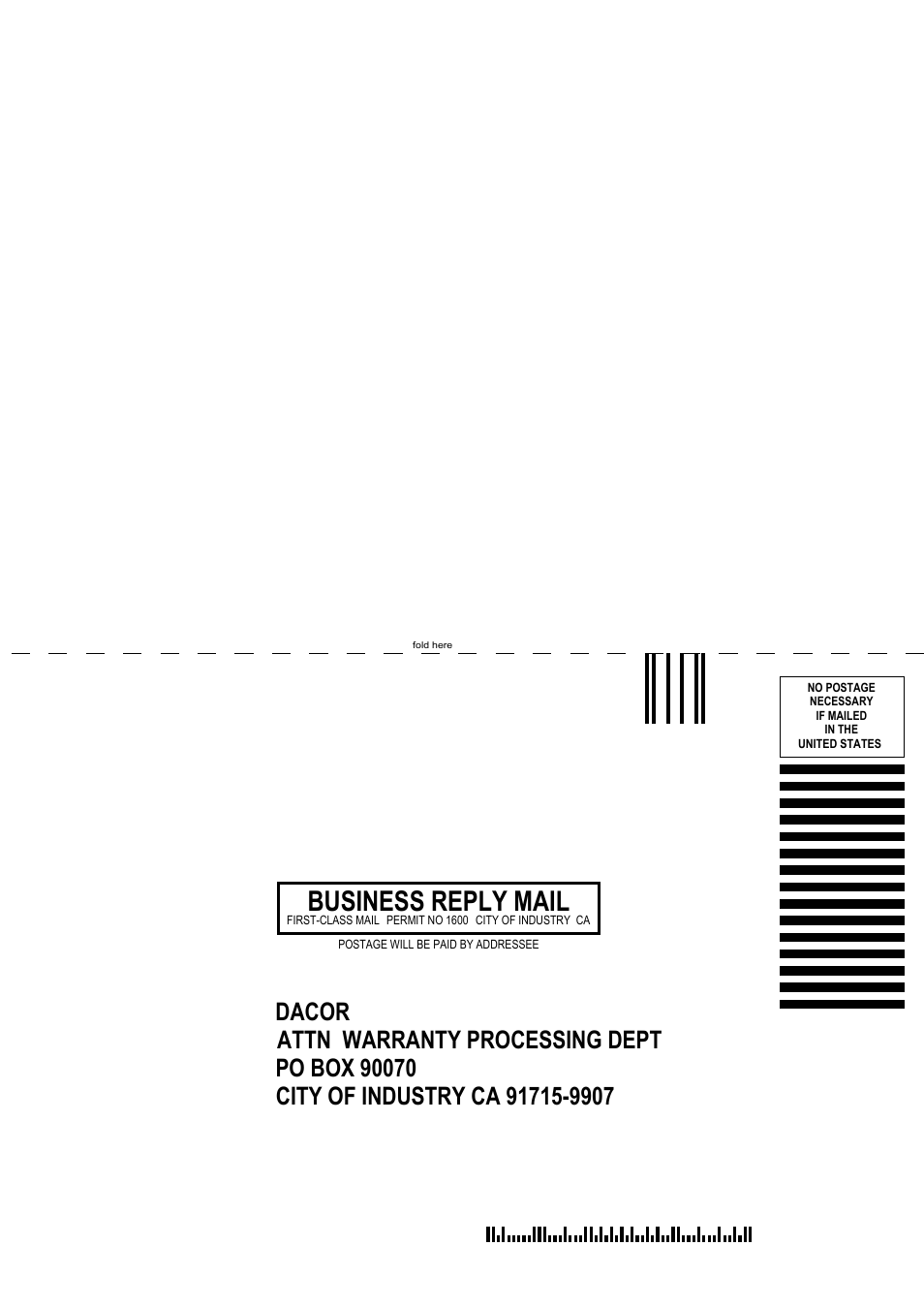 Business reply mail | Dacor MILLENNIA DHW482 User Manual | Page 11 / 12