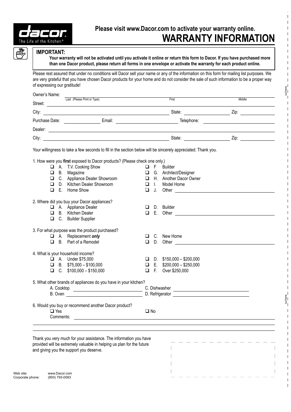 Warranty information | Dacor MILLENNIA DHW482 User Manual | Page 12 / 12