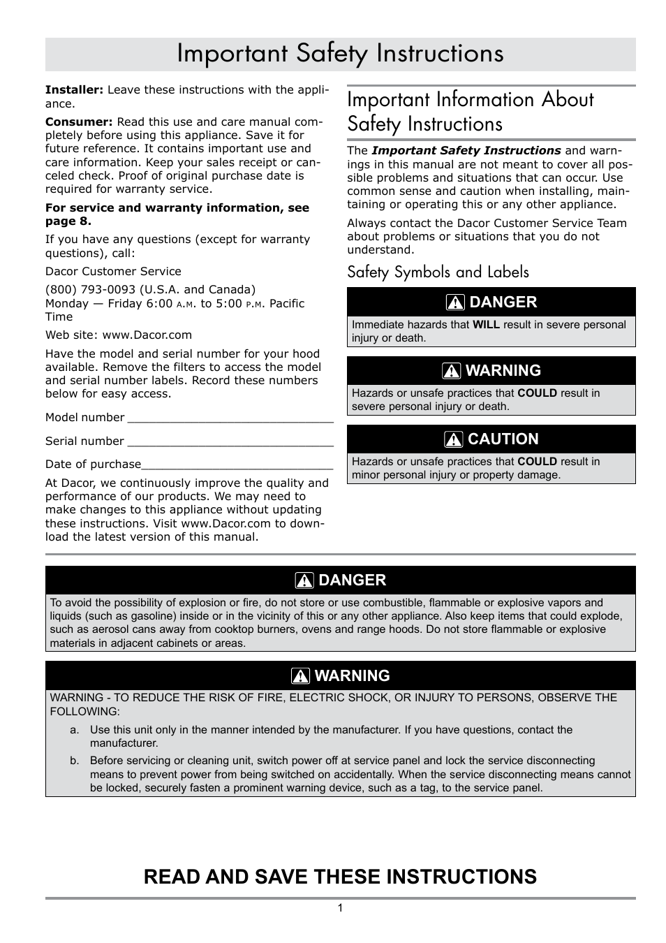 Important safety instructions, Important information about safety instructions, Read and save these instructions | Safety symbols and labels danger, Warning, Caution, Danger | Dacor MILLENNIA DHW482 User Manual | Page 3 / 12