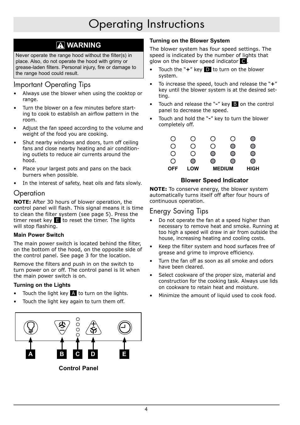 Operating instructions, Energy saving tips, Warning | Important operating tips, Operation | Dacor MILLENNIA DHW482 User Manual | Page 6 / 12