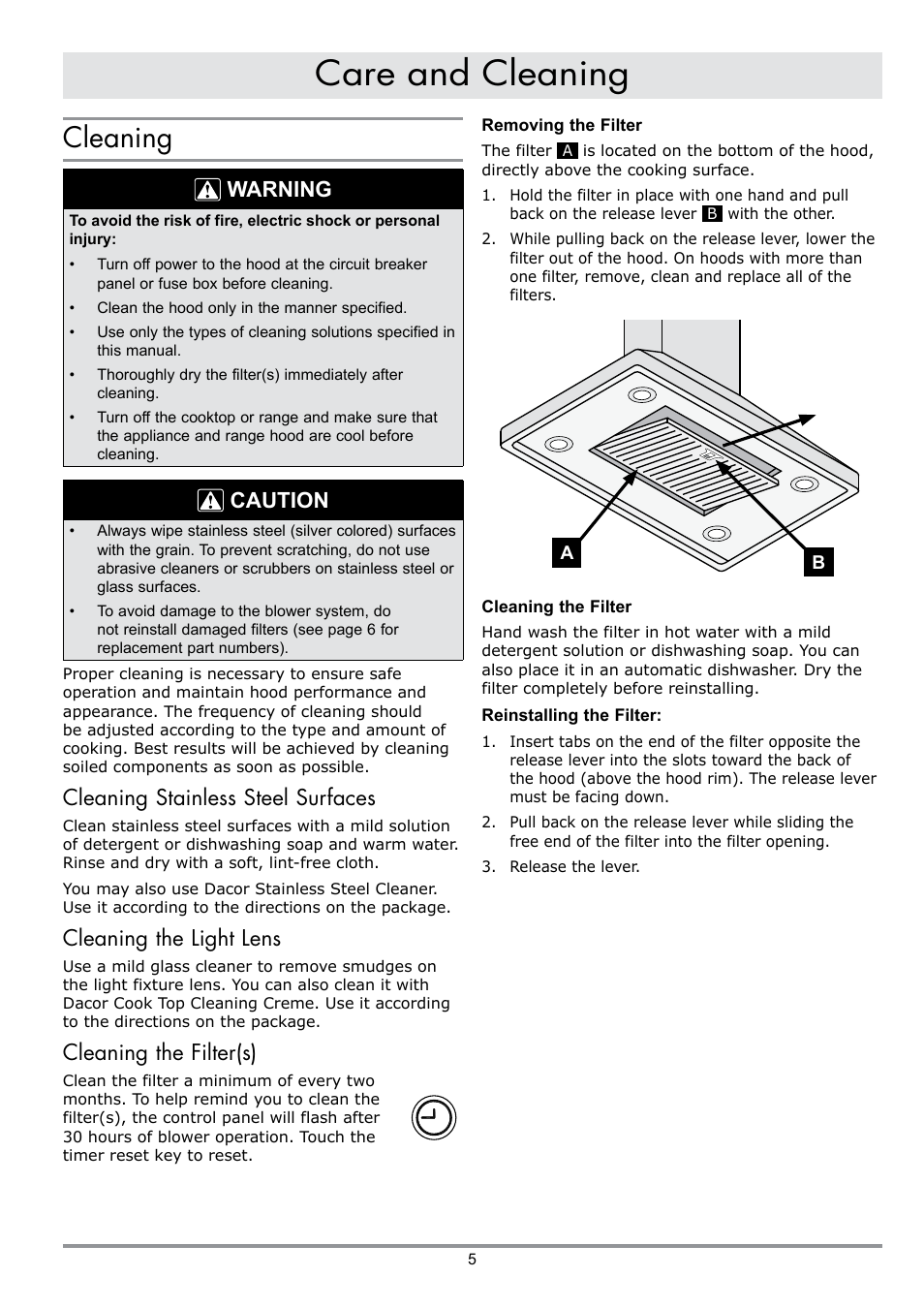 Care and cleaning, Cleaning, Warning | Caution, Cleaning stainless steel surfaces, Cleaning the light lens, Cleaning the filter(s) | Dacor MILLENNIA DHW482 User Manual | Page 7 / 12