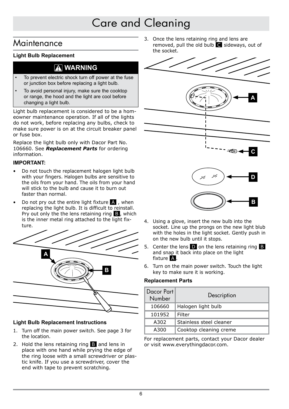 Care and cleaning, Maintenance, Warning | Dacor MILLENNIA DHW482 User Manual | Page 8 / 12