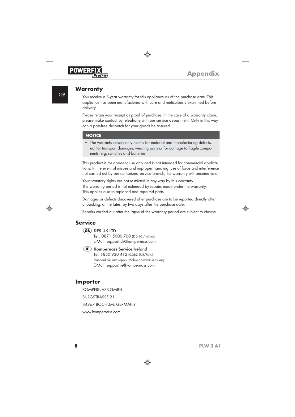 Appendix, Warranty, Service | Importer | Powerfix PLW 3 A1 User Manual | Page 10 / 58