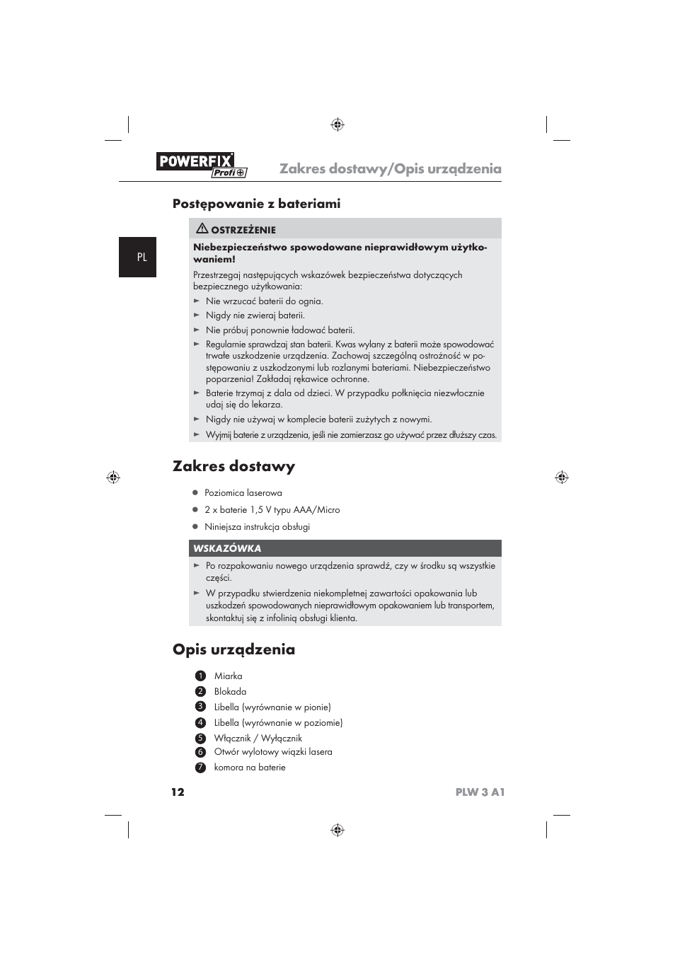 Zakres dostawy, Opis urządzenia, Zakres dostawy/opis urządzenia | Postępowanie z bateriami | Powerfix PLW 3 A1 User Manual | Page 14 / 58