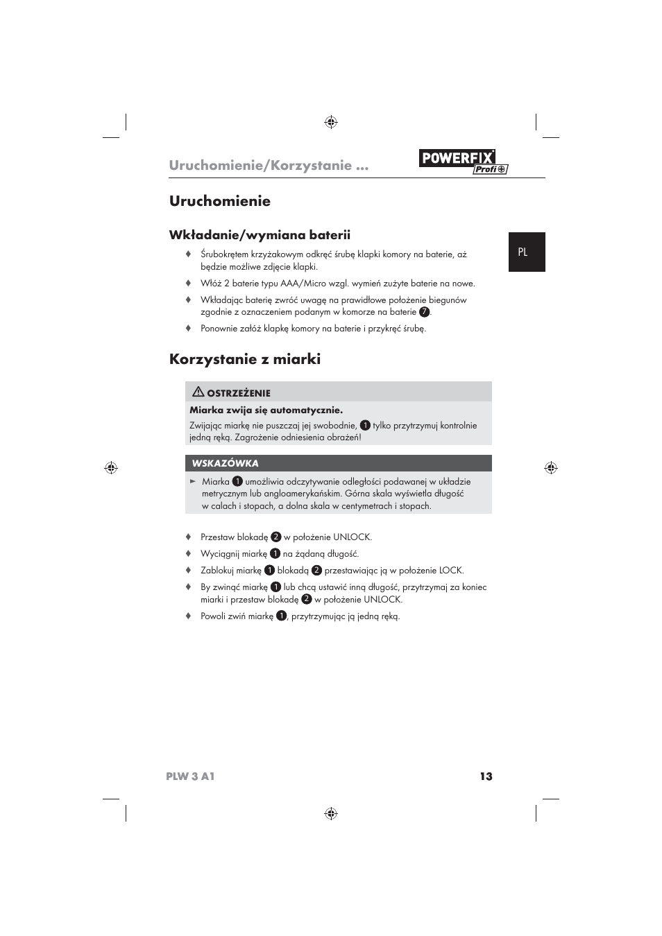 Uruchomienie, Korzystanie z miarki, Uruchomienie/korzystanie | Wkładanie/wymiana baterii | Powerfix PLW 3 A1 User Manual | Page 15 / 58