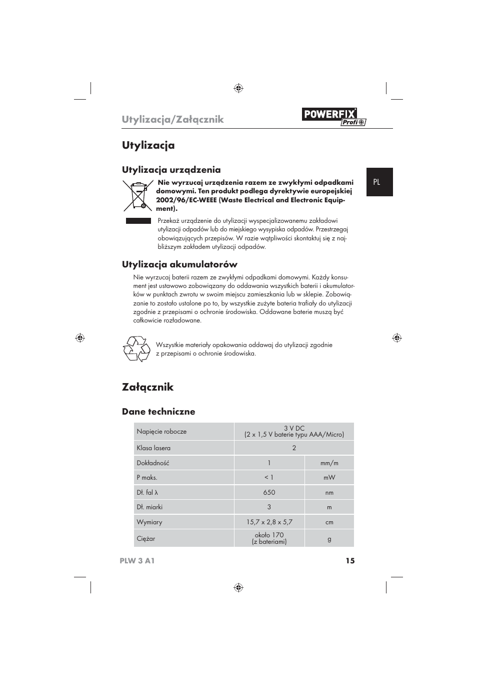 Utylizacja, Załącznik, Utylizacja/załącznik | Utylizacja urządzenia, Utylizacja akumulatorów, Dane techniczne | Powerfix PLW 3 A1 User Manual | Page 17 / 58