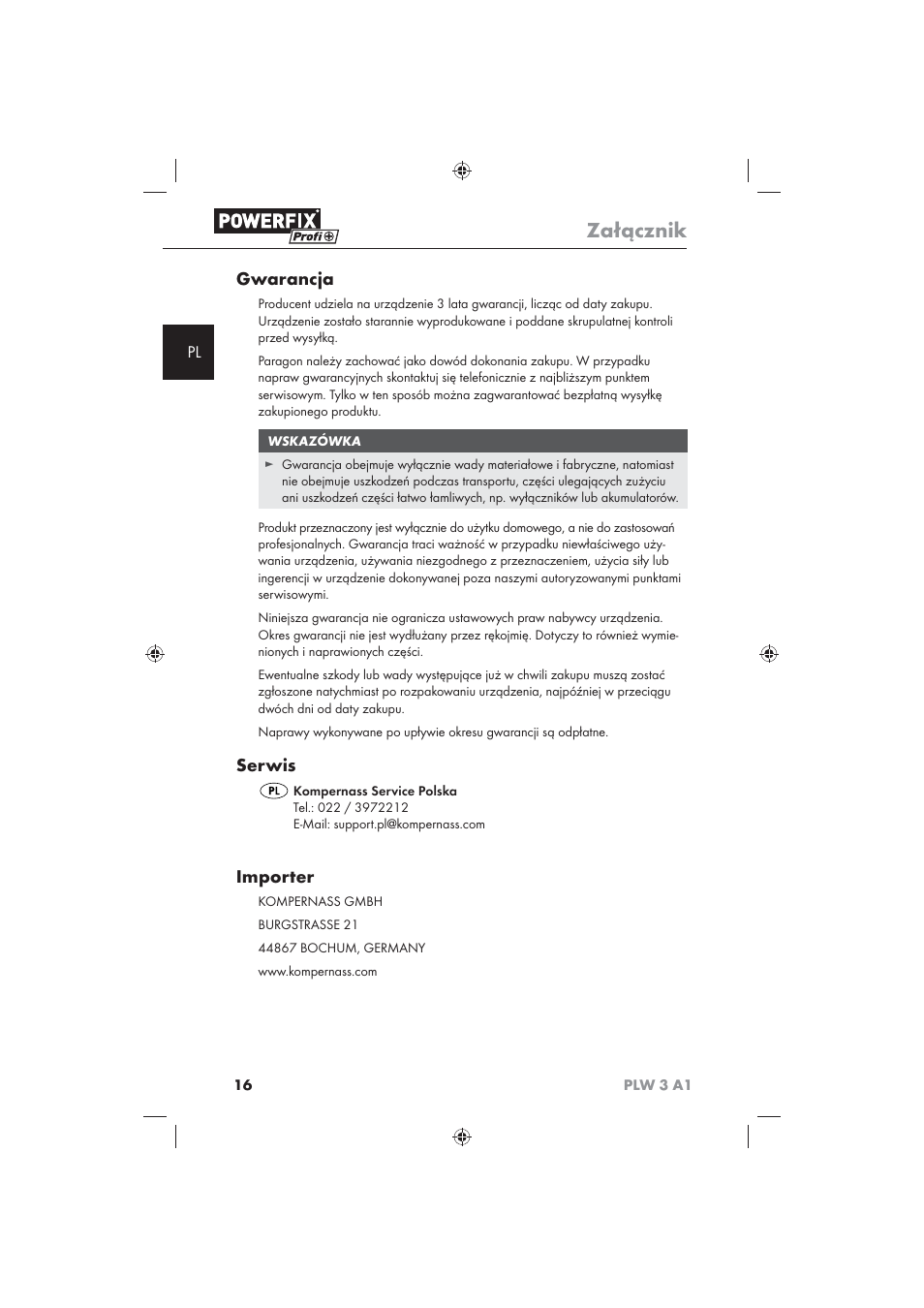 Załącznik, Gwarancja, Serwis | Importer | Powerfix PLW 3 A1 User Manual | Page 18 / 58