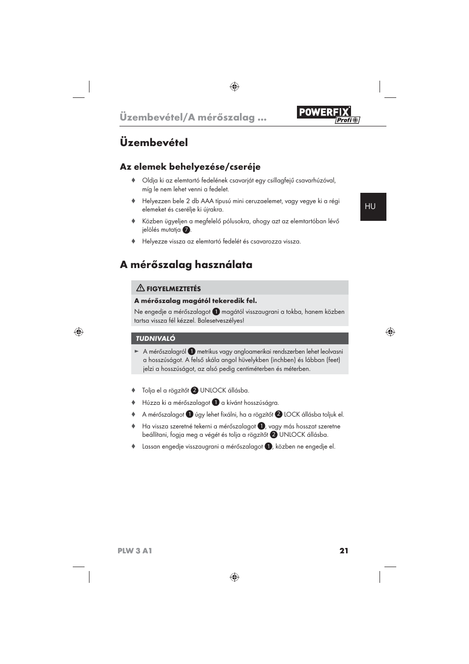 Üzembevétel, A mérőszalag használata, Üzembevétel/a mérőszalag | Az elemek behelyezése/cseréje | Powerfix PLW 3 A1 User Manual | Page 23 / 58