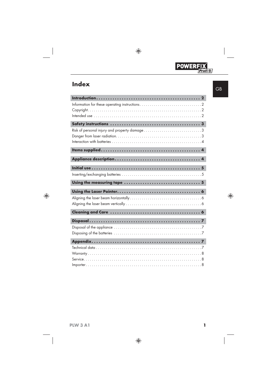 Index | Powerfix PLW 3 A1 User Manual | Page 3 / 58