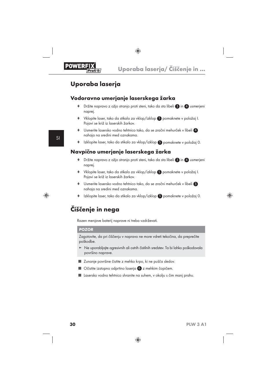 Uporaba laserja, Čiščenje in nega, Uporaba laserja/ čiščenje in | Vodoravno umerjanje laserskega žarka, Navpično umerjanje laserskega žarka | Powerfix PLW 3 A1 User Manual | Page 32 / 58