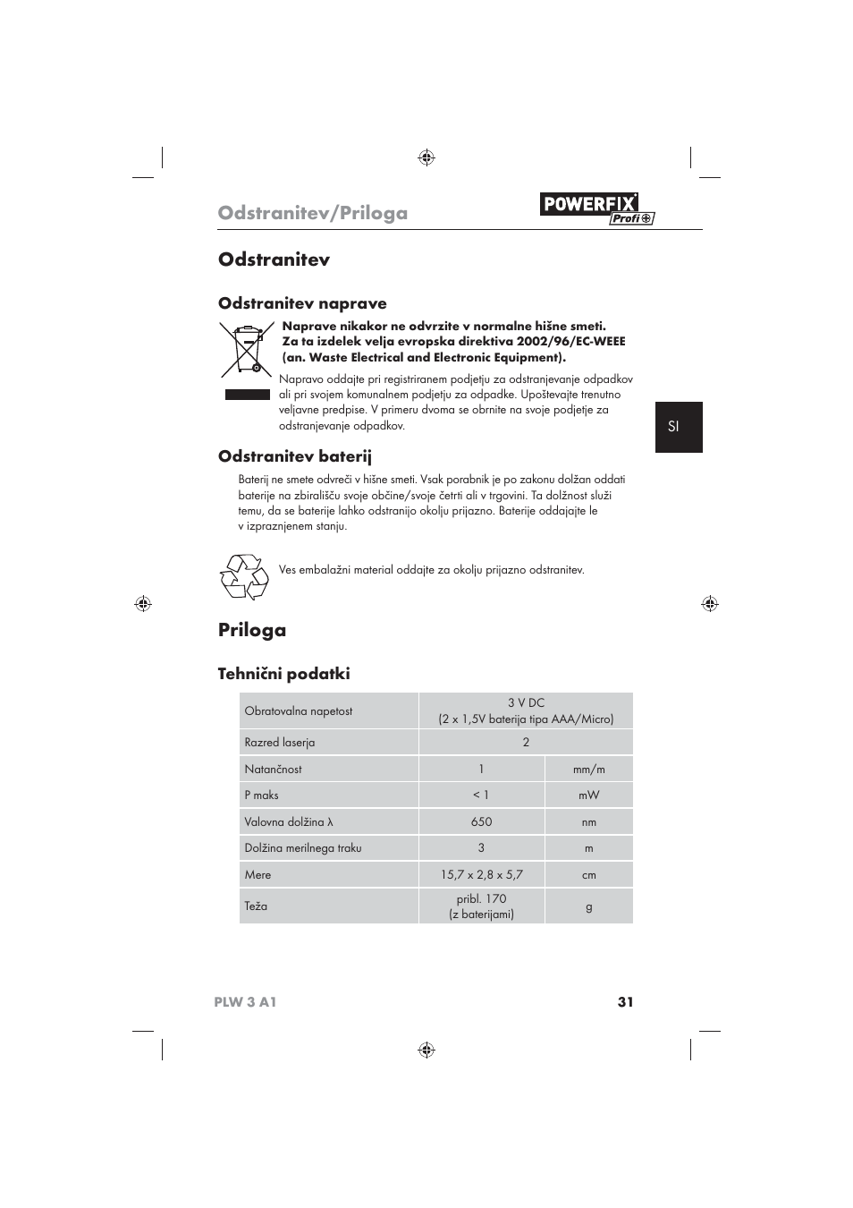 Odstranitev/priloga, Odstranitev, Priloga | Odstranitev naprave, Odstranitev baterij, Tehnični podatki | Powerfix PLW 3 A1 User Manual | Page 33 / 58