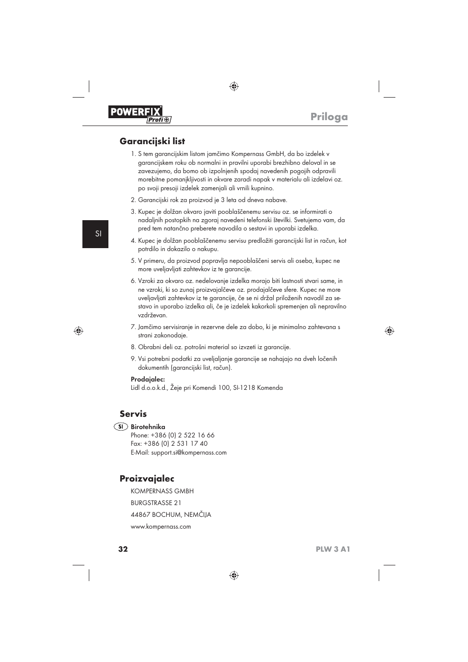 Priloga, Garancijski list, Servis | Proizvajalec | Powerfix PLW 3 A1 User Manual | Page 34 / 58