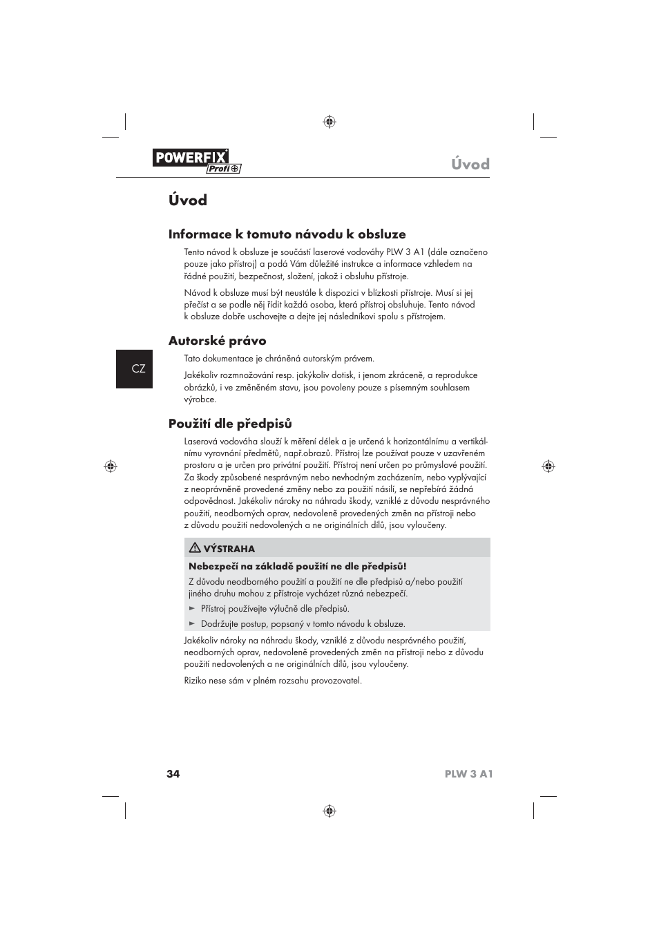 Úvod, Informace k tomuto návodu k obsluze, Autorské právo | Použití dle předpisů | Powerfix PLW 3 A1 User Manual | Page 36 / 58