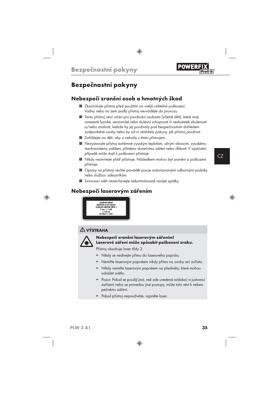 Bezpečnostní pokyny, Nebezpečí zranění osob a hmotných škod, Nebezpečí laserovým zářením | Powerfix PLW 3 A1 User Manual | Page 37 / 58