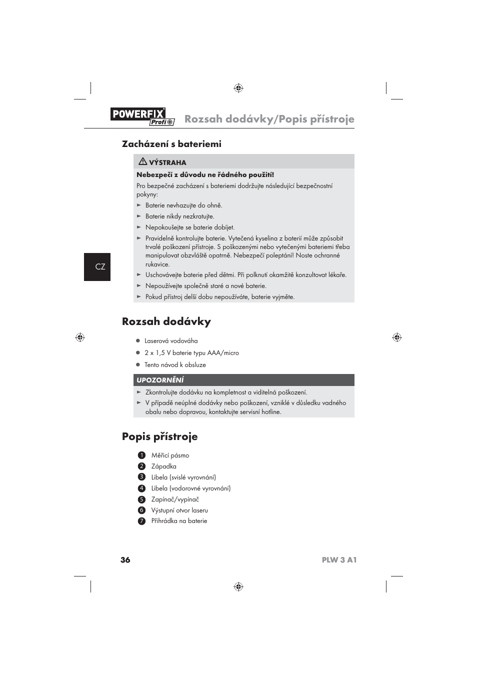 Rozsah dodávky, Popis přístroje, Zacházení s bateriemi | Powerfix PLW 3 A1 User Manual | Page 38 / 58