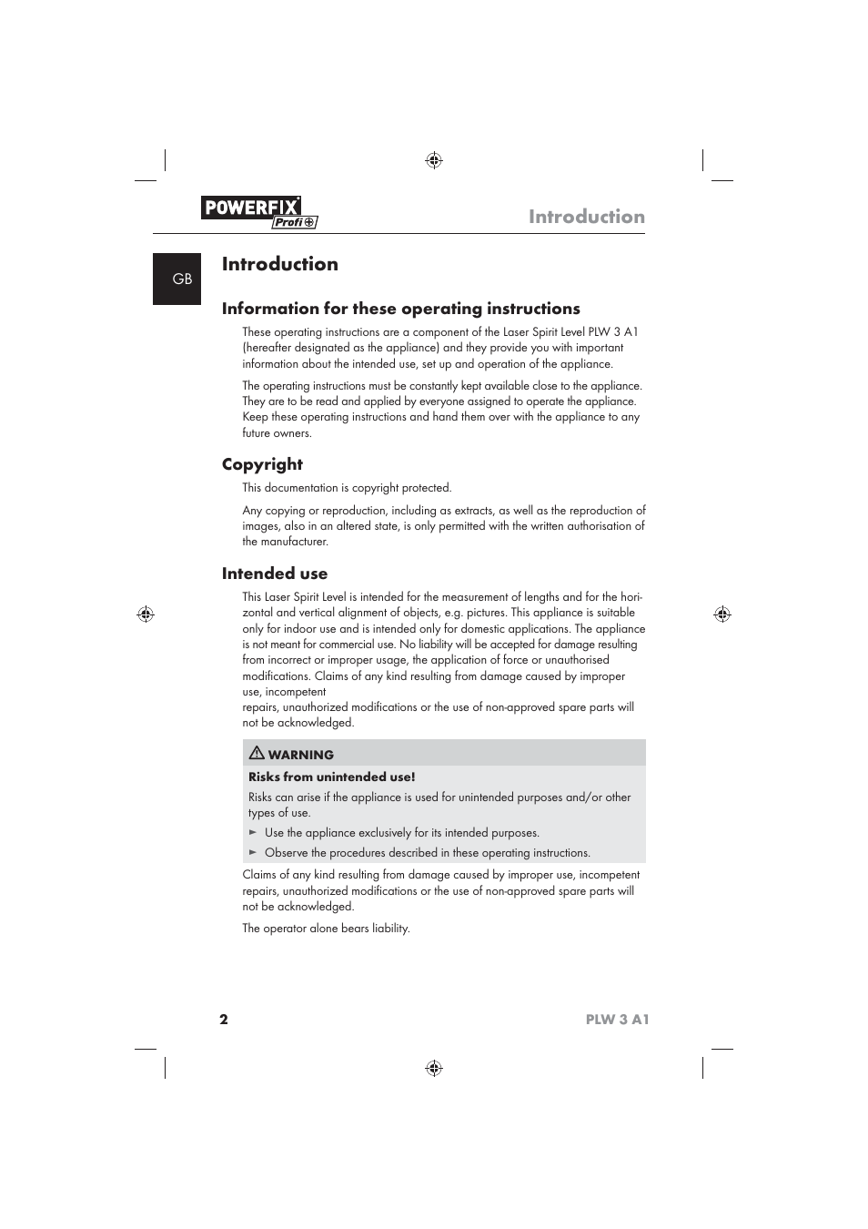 Introduction, Information for these operating instructions, Copyright | Intended use | Powerfix PLW 3 A1 User Manual | Page 4 / 58