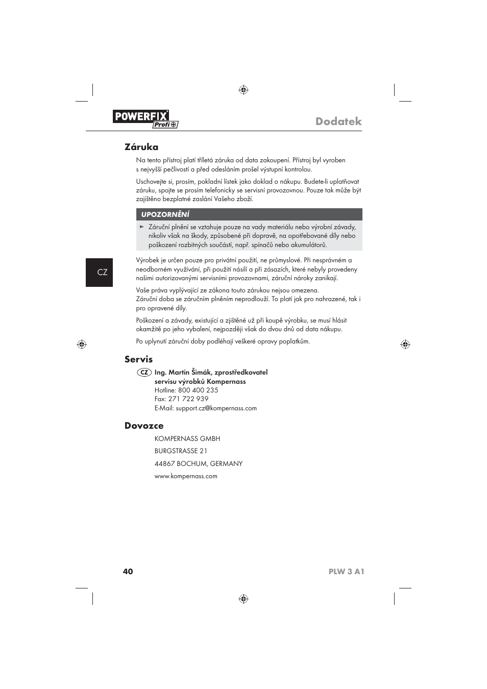 Dodatek, Záruka, Servis | Dovozce | Powerfix PLW 3 A1 User Manual | Page 42 / 58