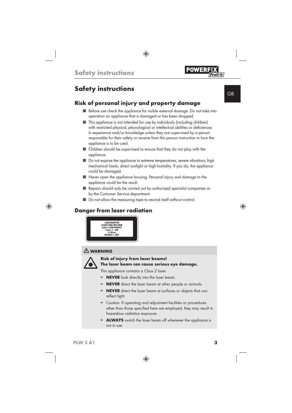 Safety instructions, Risk of personal injury and property damage, Danger from laser radiation | Powerfix PLW 3 A1 User Manual | Page 5 / 58