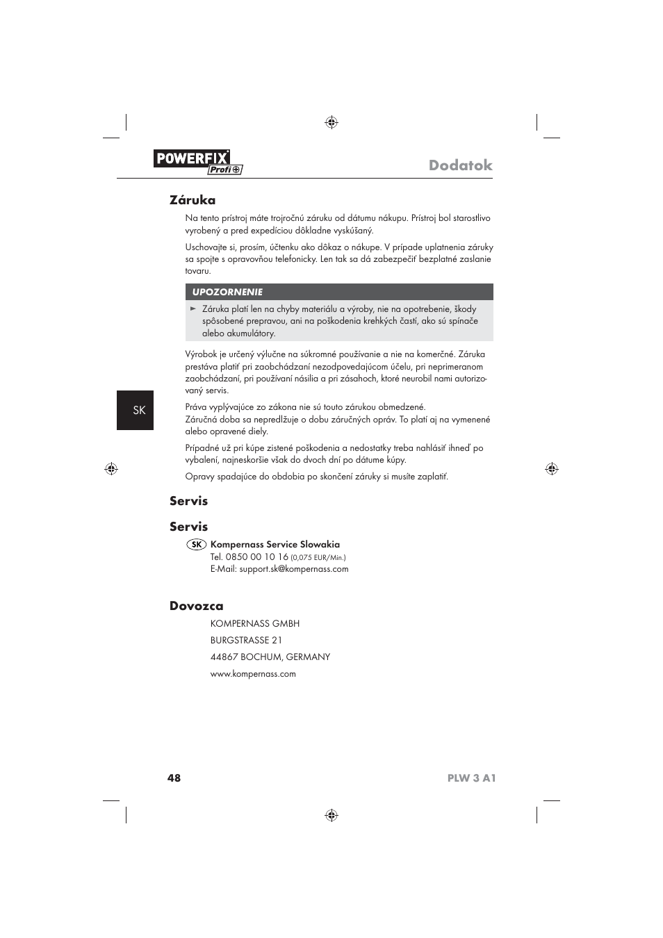 Dodatok, Záruka, Servis | Dovozca | Powerfix PLW 3 A1 User Manual | Page 50 / 58