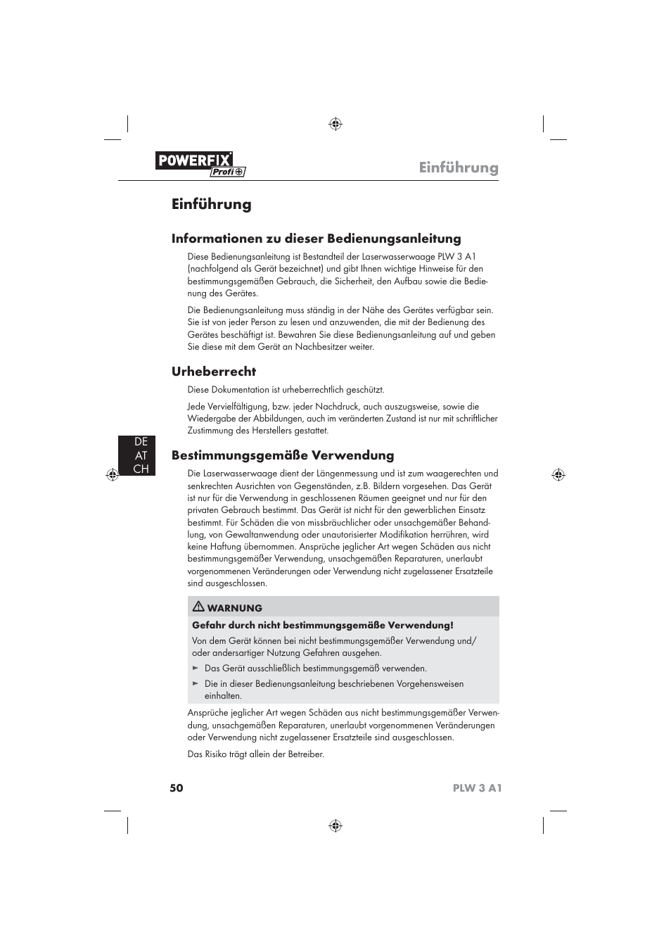 Einführung, Informationen zu dieser bedienungsanleitung, Urheberrecht | Bestimmungsgemäße verwendung, De at ch | Powerfix PLW 3 A1 User Manual | Page 52 / 58