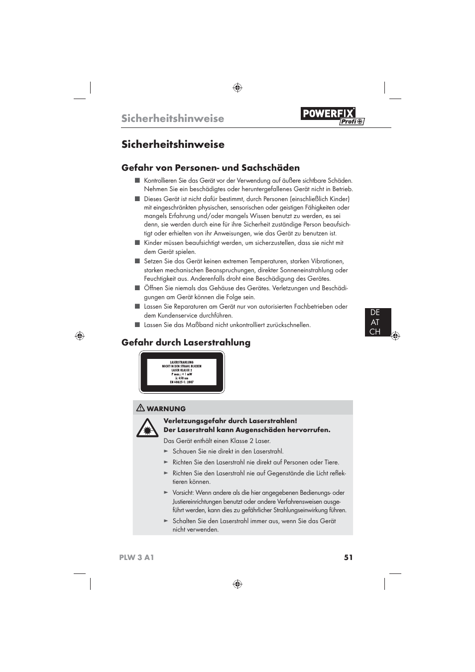 Sicherheitshinweise, Gefahr von personen- und sachschäden, Gefahr durch laserstrahlung | De at ch | Powerfix PLW 3 A1 User Manual | Page 53 / 58