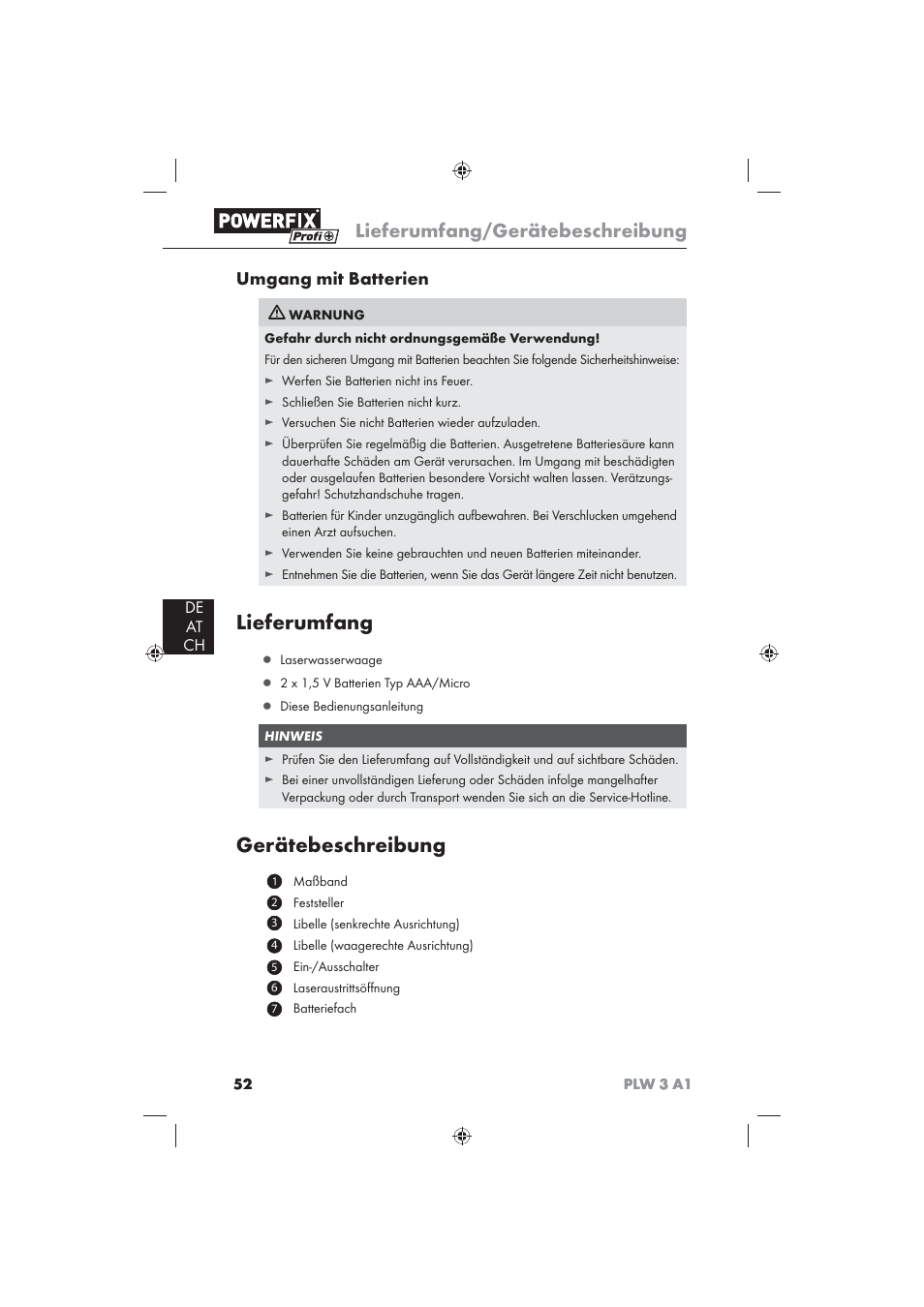 Lieferumfang, Gerätebeschreibung, Lieferumfang/gerätebeschreibung | Umgang mit batterien, De at ch | Powerfix PLW 3 A1 User Manual | Page 54 / 58