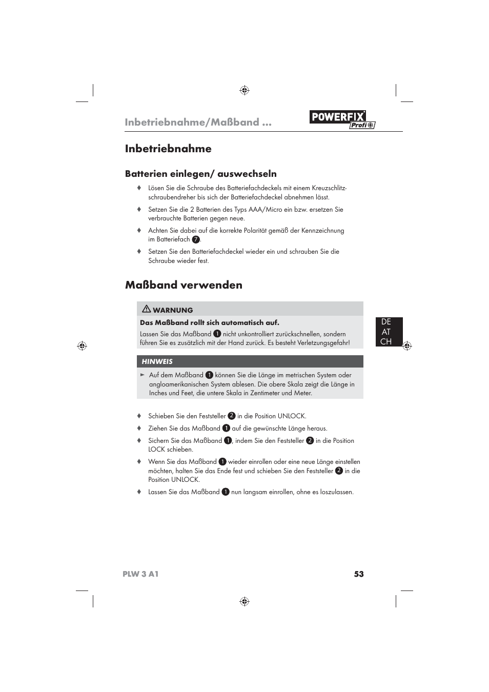 Inbetriebnahme, Maßband verwenden, Inbetriebnahme/maßband | Batterien einlegen/ auswechseln, De at ch | Powerfix PLW 3 A1 User Manual | Page 55 / 58