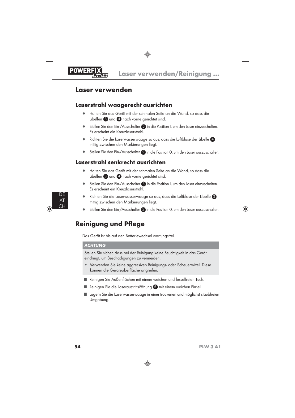 Laser verwenden/reinigung, Laser verwenden, Reinigung und pﬂ ege | Laserstrahl waagerecht ausrichten, Laserstrahl senkrecht ausrichten, De at ch | Powerfix PLW 3 A1 User Manual | Page 56 / 58