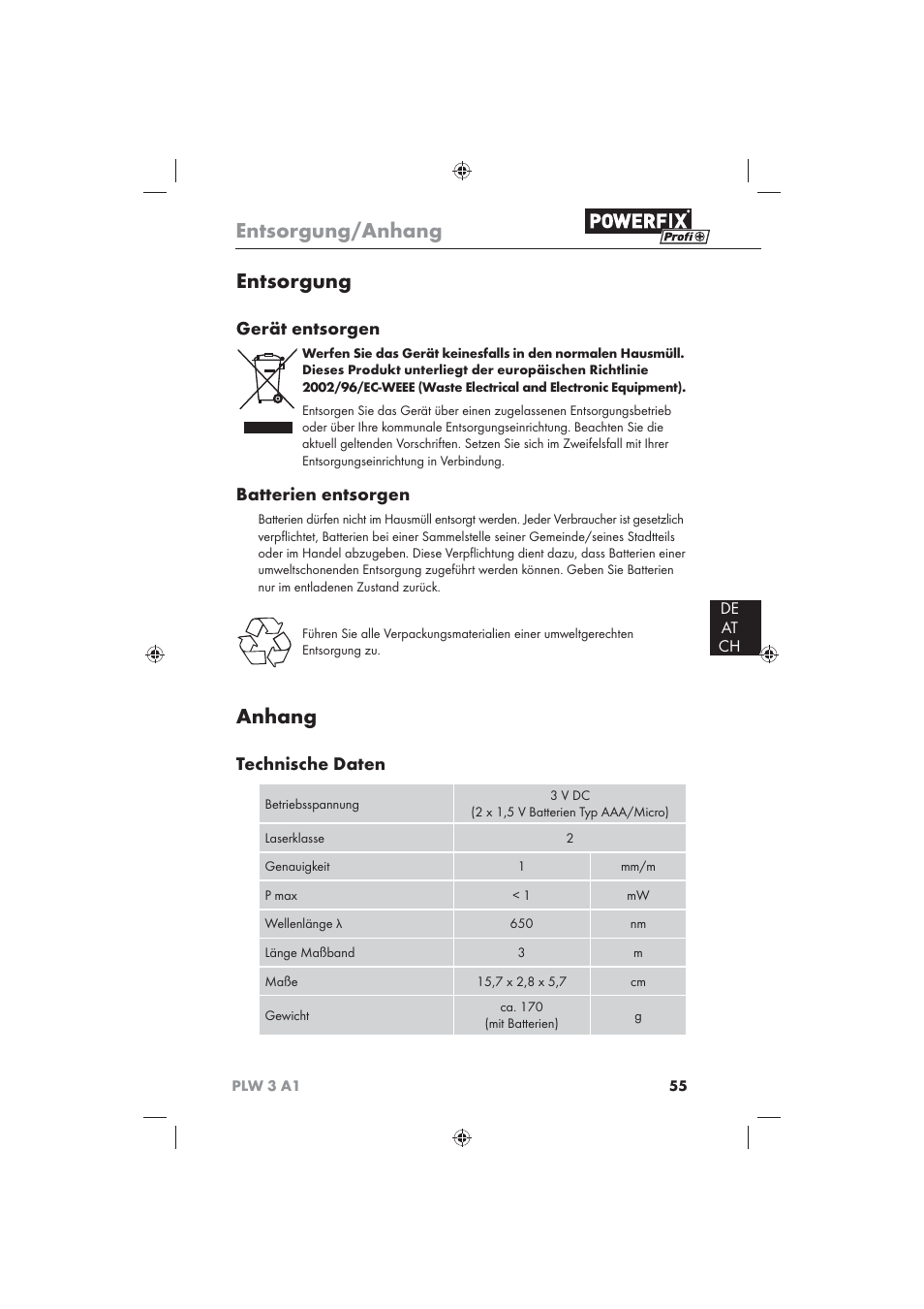 Entsorgung/anhang, Entsorgung, Anhang | Gerät entsorgen, Batterien entsorgen, Technische daten, De at ch | Powerfix PLW 3 A1 User Manual | Page 57 / 58