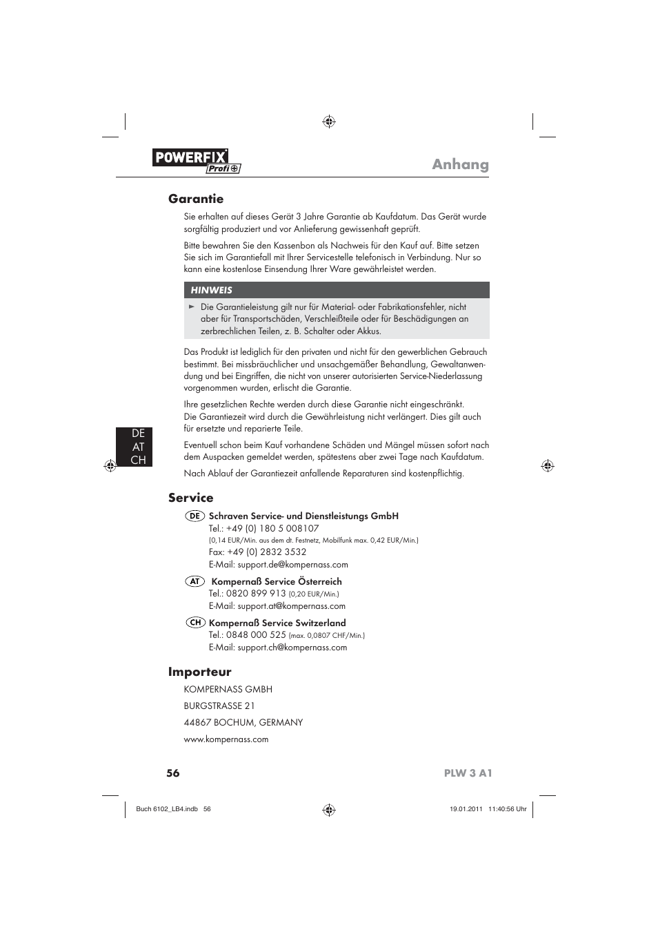 Anhang, Garantie, Service | Importeur, De at ch | Powerfix PLW 3 A1 User Manual | Page 58 / 58