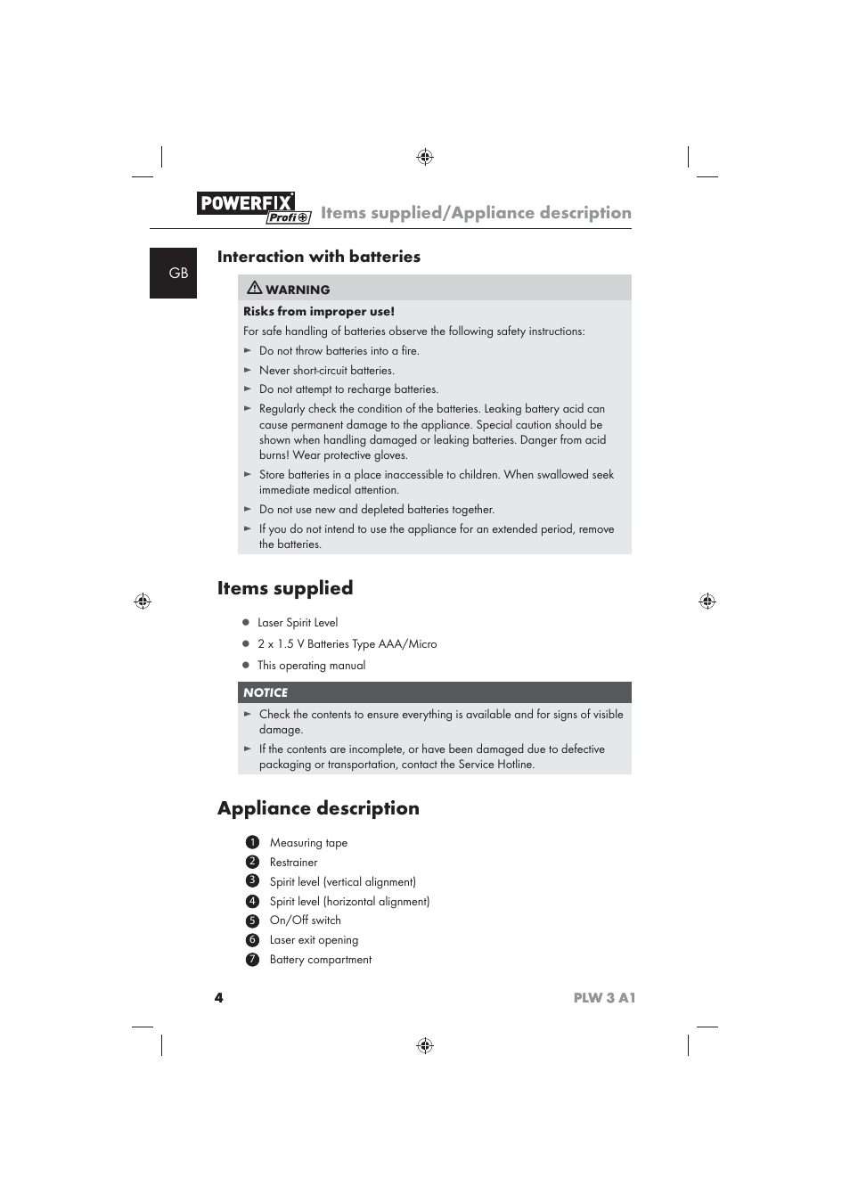 Items supplied, Appliance description, Items supplied/appliance description | Interaction with batteries | Powerfix PLW 3 A1 User Manual | Page 6 / 58