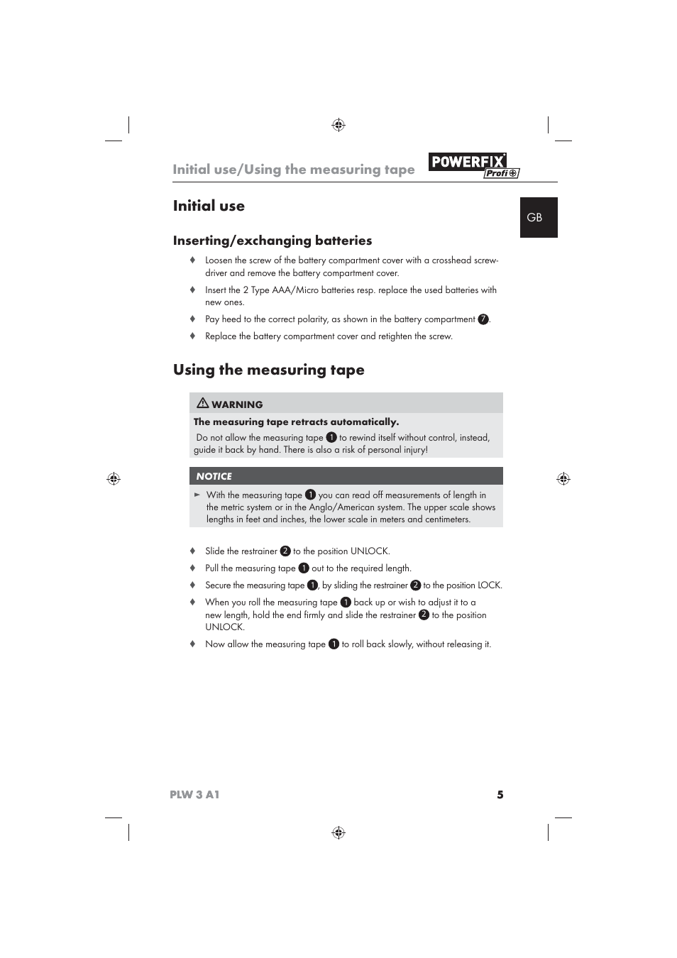 Initial use, Using the measuring tape, Initial use/using the measuring tape | Inserting/exchanging batteries | Powerfix PLW 3 A1 User Manual | Page 7 / 58