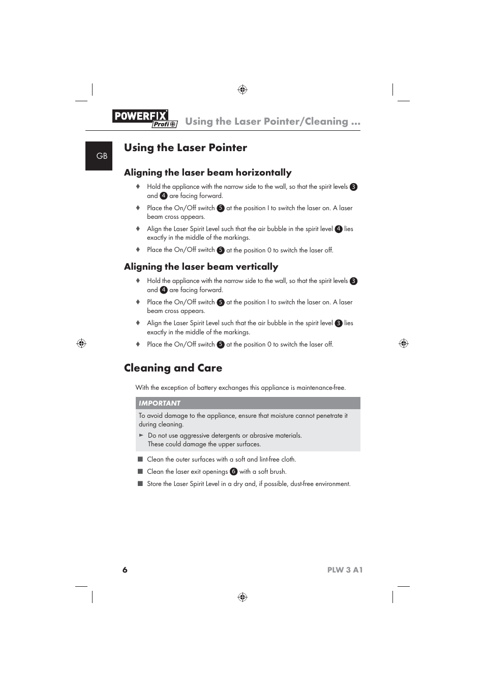 Using the laser pointer, Cleaning and care, Using the laser pointer/cleaning | Aligning the laser beam horizontally, Aligning the laser beam vertically | Powerfix PLW 3 A1 User Manual | Page 8 / 58