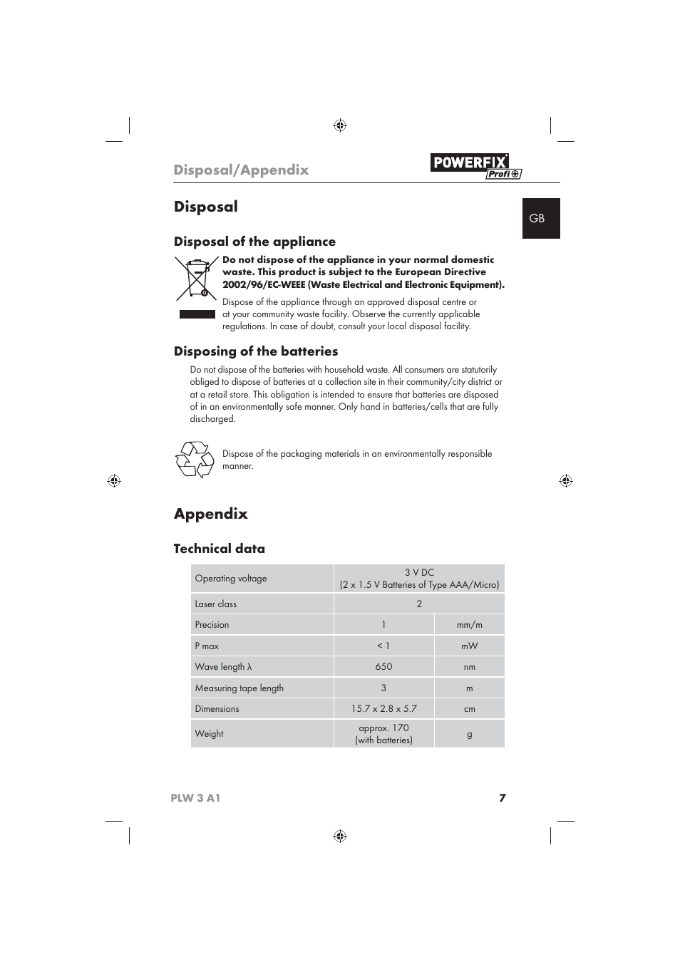 Disposal, Appendix, Disposal/appendix | Disposal of the appliance, Disposing of the batteries, Technical data | Powerfix PLW 3 A1 User Manual | Page 9 / 58