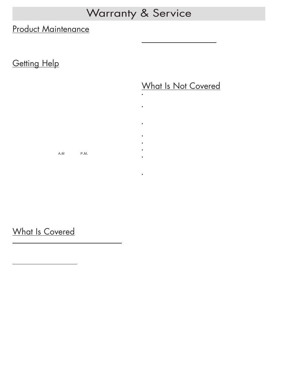 Business reply mail, Warranty & service, Product maintenance | Getting help, What is covered, What is not covered | Dacor EH54 User Manual | Page 10 / 12