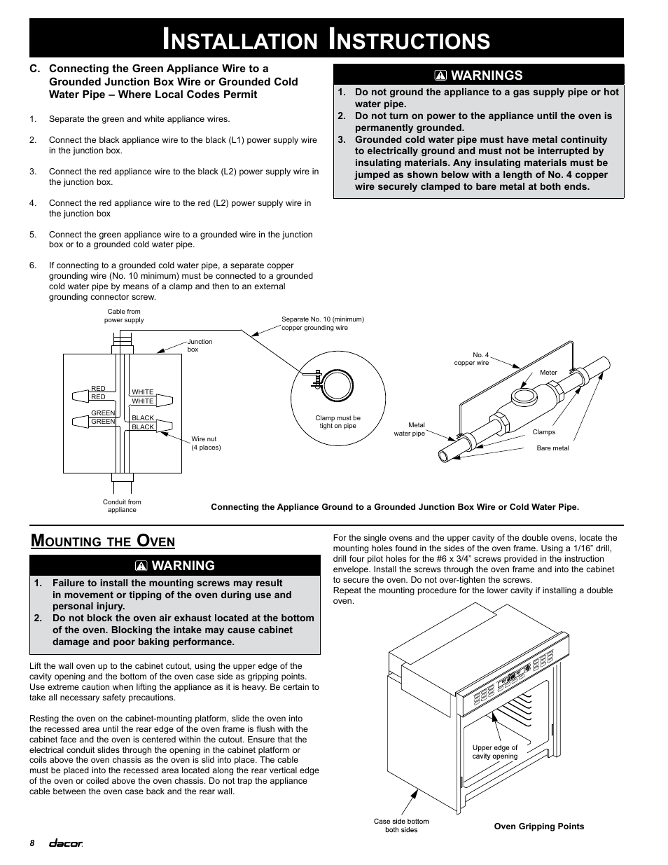 Nstallation, Nstructions, Warnings | Warning, Ounting | Dacor MCS130 User Manual | Page 10 / 16