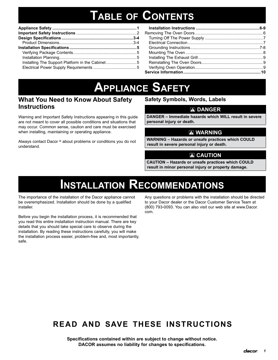 Able, Ontents, Ppliance | Afety, Nstallation, Ecommendations, Read, Save, These, Instructions | Dacor MCS130 User Manual | Page 3 / 16