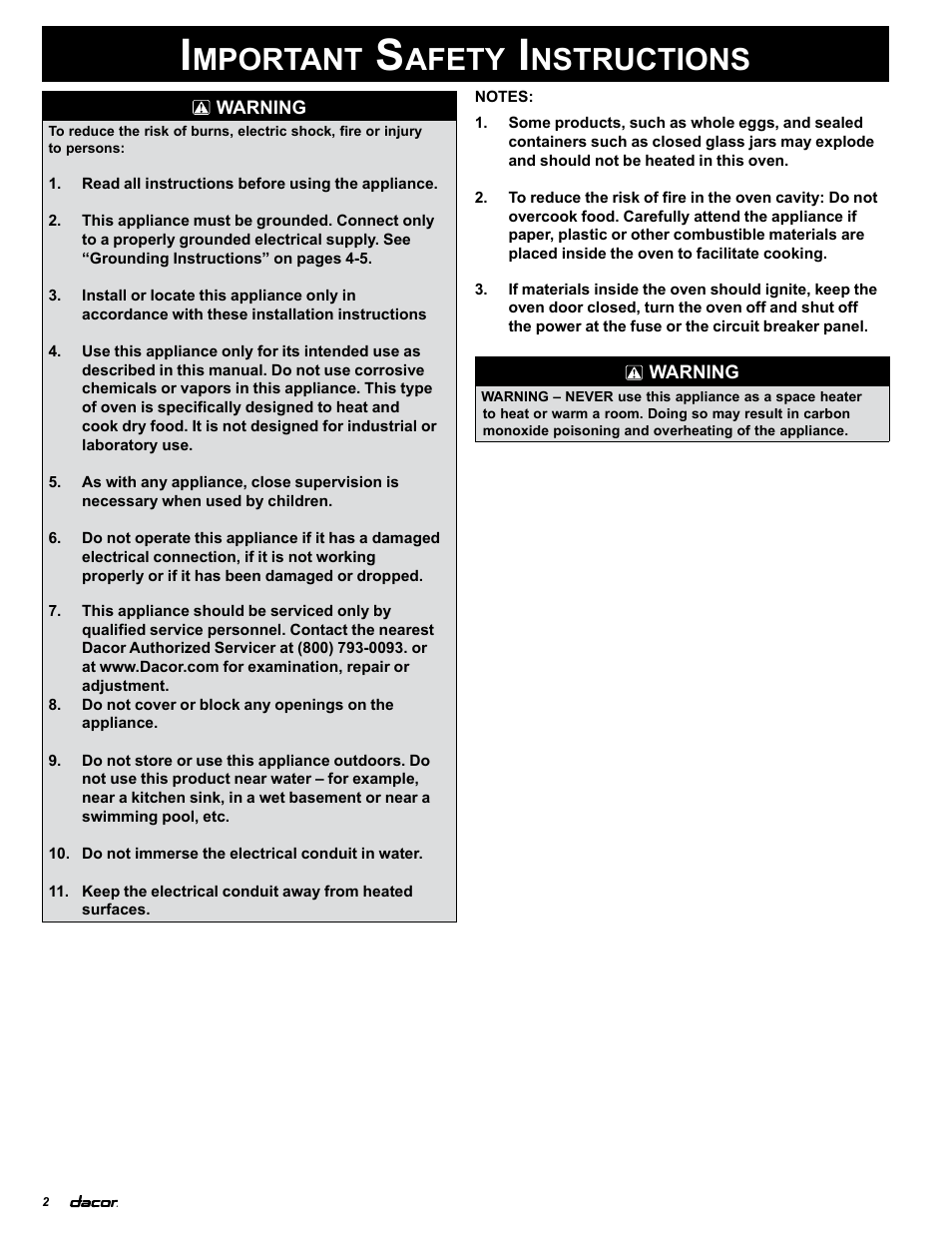 Mportant, Afety, Nstructions | Dacor MCS130 User Manual | Page 4 / 16