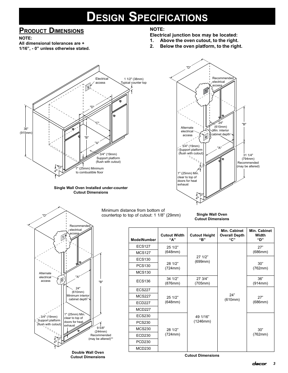 Esign, Pecifications, Roduct | Imensions | Dacor MCS130 User Manual | Page 5 / 16