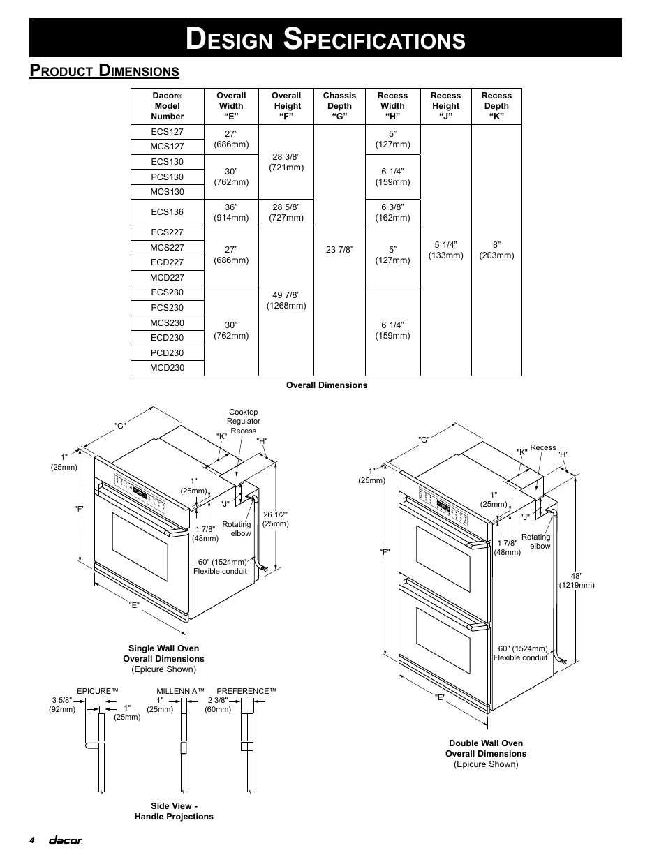 Esign, Pecifications, Roduct | Imensions | Dacor MCS130 User Manual | Page 6 / 16