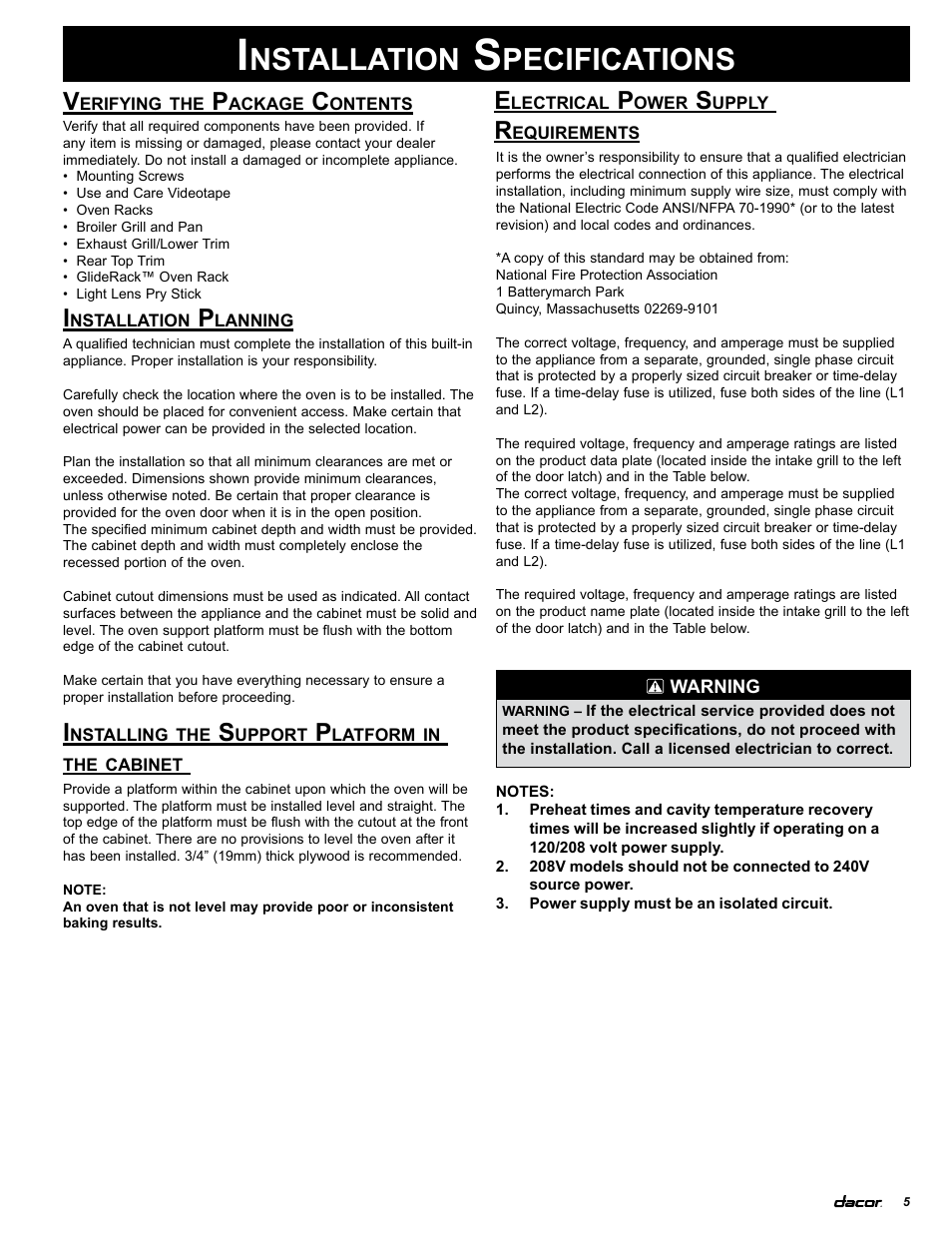 Nstallation, Pecifications | Dacor MCS130 User Manual | Page 7 / 16