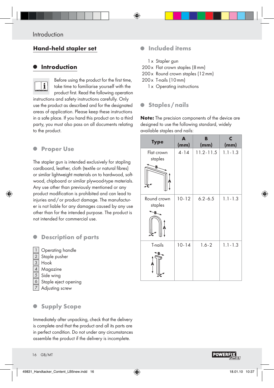 Introduction, Proper use, Description of parts | Supply scope, Included items, Staples / nails | Powerfix  Z16531 User Manual | Page 14 / 19