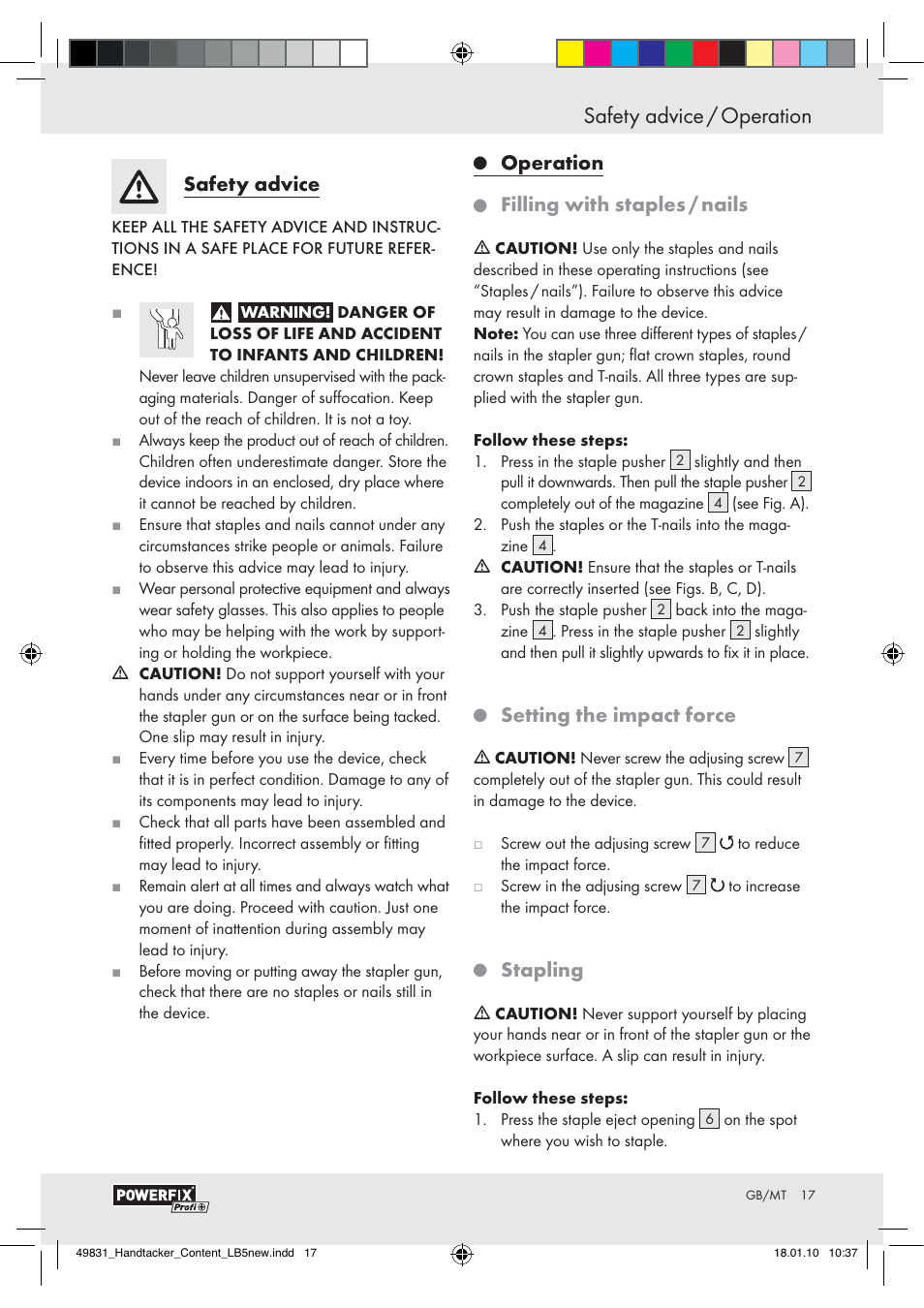 Safety advice / operation, Safety advice, Operation | Filling with staples / nails, Setting the impact force, Stapling | Powerfix  Z16531 User Manual | Page 15 / 19