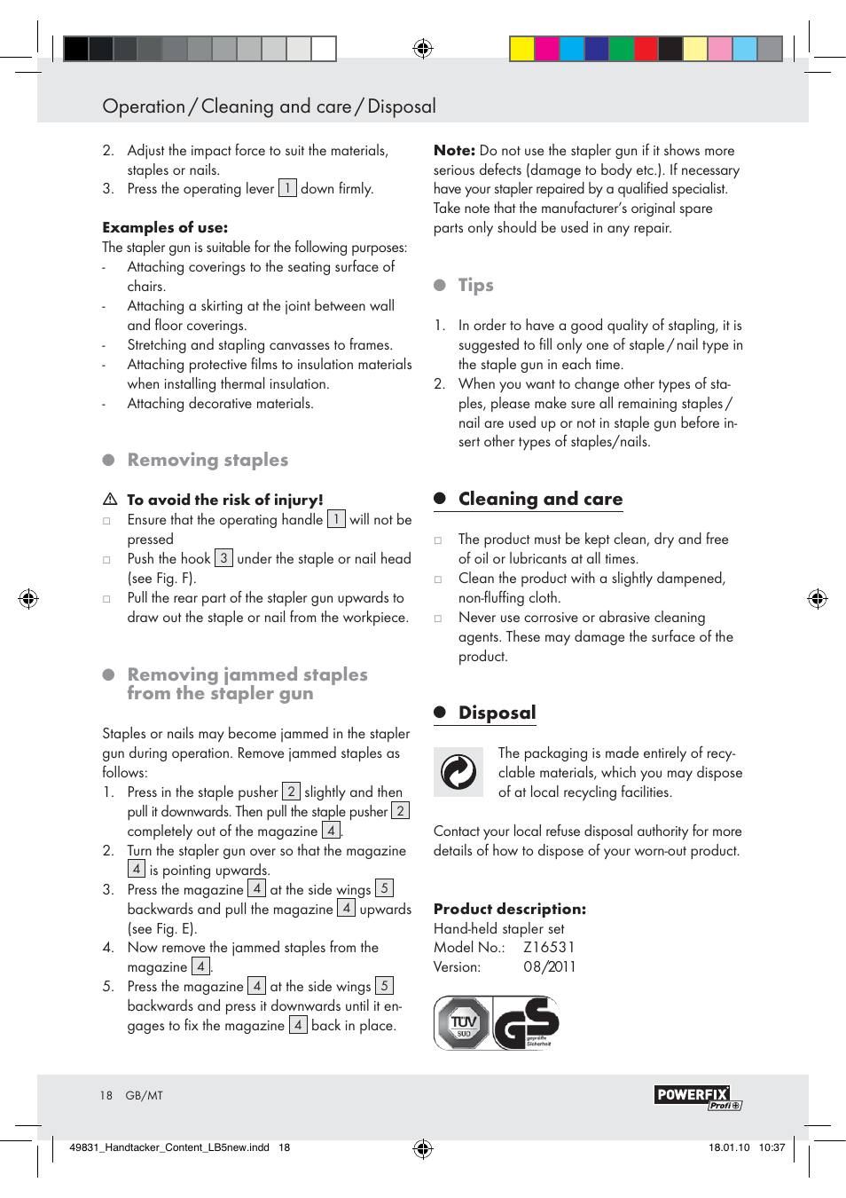 Operation / cleaning and care / disposal, Removing staples, Removing jammed staples from the stapler gun | Tips, Cleaning and care, Disposal | Powerfix  Z16531 User Manual | Page 16 / 19