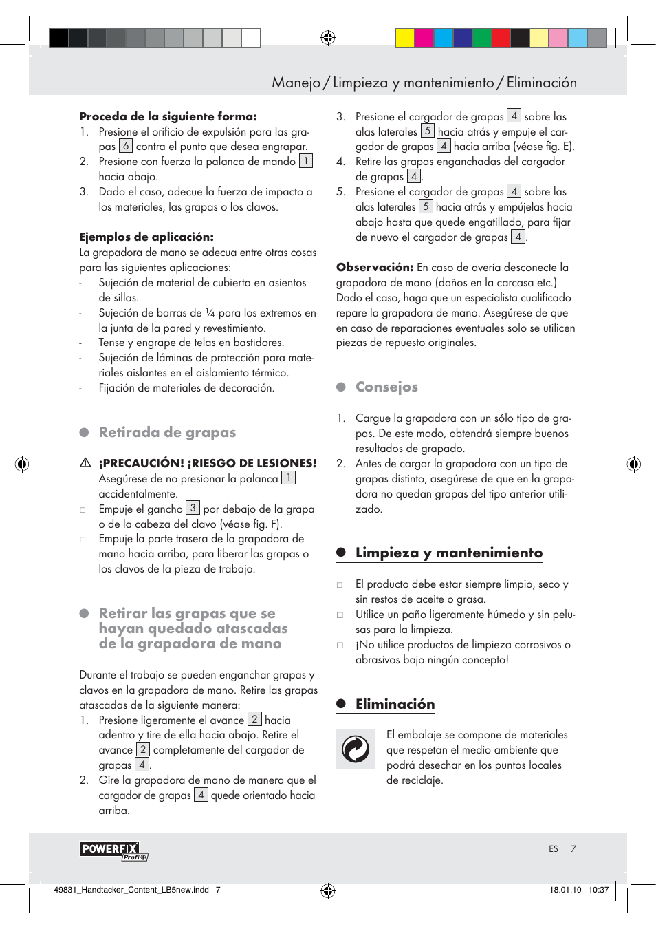 Manejo / limpieza y mantenimiento / eliminación, Retirada de grapas, Consejos | Limpieza y mantenimiento, Eliminación | Powerfix  Z16531 User Manual | Page 5 / 19