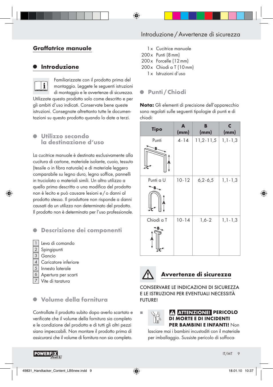 Introduzione / avvertenze di sicurezza, Introduzione, Utilizzo secondo la destinazione d‘uso | Descrizione dei componenti, Volume della fornitura, Punti / chiodi, Avvertenze di sicurezza | Powerfix  Z16531 User Manual | Page 7 / 19