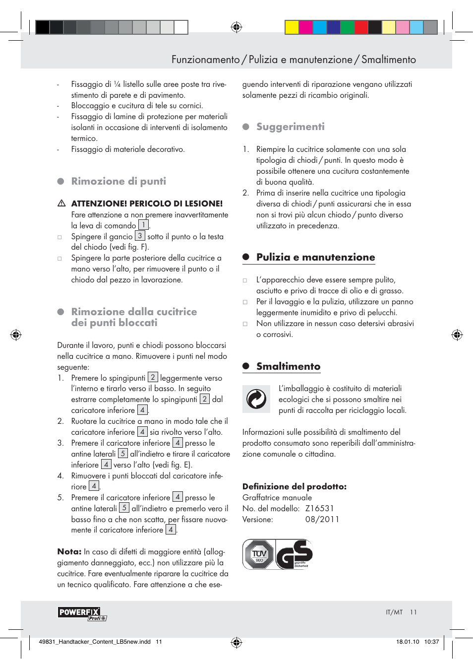 Rimozione di punti, Rimozione dalla cucitrice dei punti bloccati, Suggerimenti | Pulizia e manutenzione, Smaltimento | Powerfix  Z16531 User Manual | Page 9 / 19