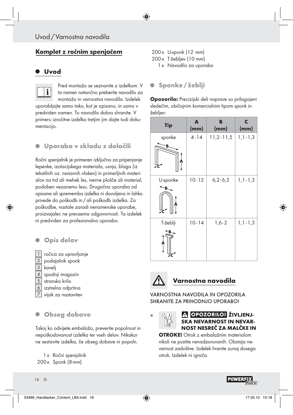 Uvod / varnostna navodila, Uvod, Uporaba v skladu z določili | Opis delov, Obseg dobave, Sponke / žeblji, Varnostna navodila | Powerfix  Z16531 User Manual | Page 14 / 25